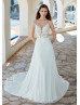 Ivory Floral Lace Chiffon Wedding Dress With Scalloped Train Ivory Floral Lace Chiffon Wedding Dress With Scalloped Train